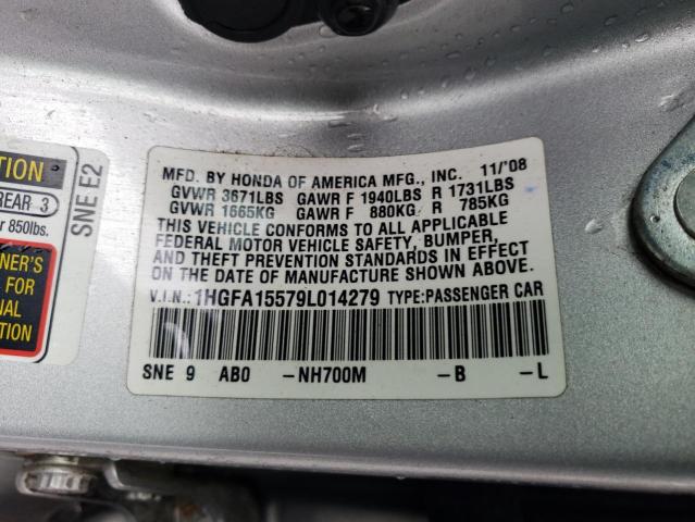 1HGFA15579L014279 - 2009 HONDA CIVIC LX SILVER photo 12