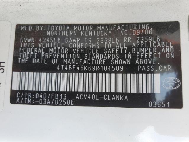 4T4BE46K69R104509 - 2009 TOYOTA CAMRY BASE WHITE photo 12