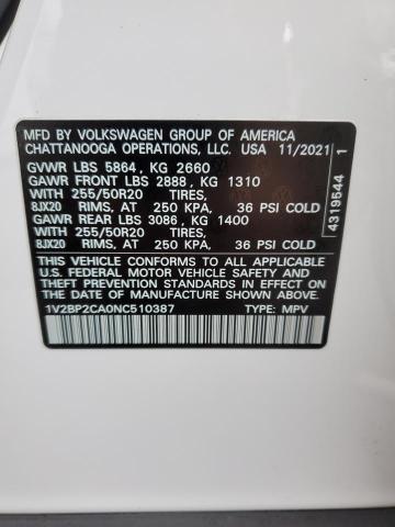 1V2BP2CA0NC510387 - 2022 VOLKSWAGEN ATLAS SEL WHITE photo 13