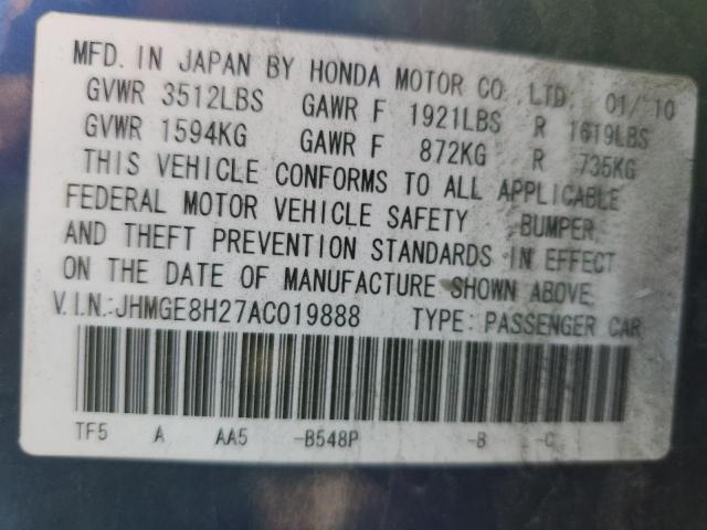 JHMGE8H27AC019888 - 2010 HONDA FIT BLUE photo 12