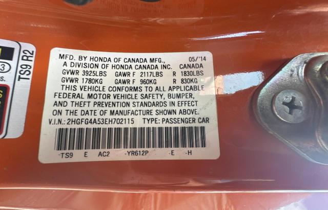 2HGFG4A53EH702115 - 2014 HONDA CIVIC SI ORANGE photo 10