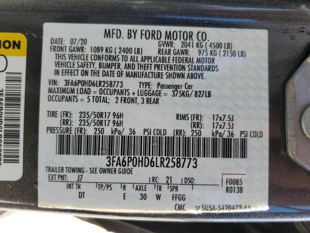 3FA6P0HD6LR258773 - 2020 FORD FUSION SE GRAY photo 12