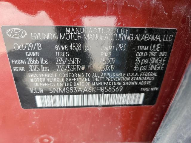 5NMS53AA6KH058569 - 2019 HYUNDAI SANTA FE LIMITED RED photo 12