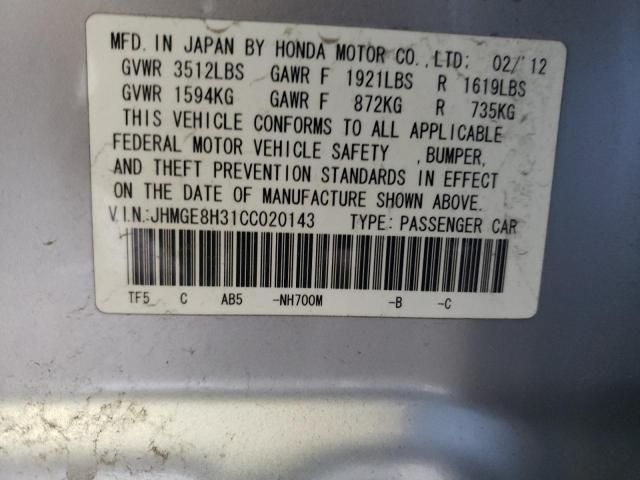 JHMGE8H31CC020143 - 2012 HONDA FIT SILVER photo 12