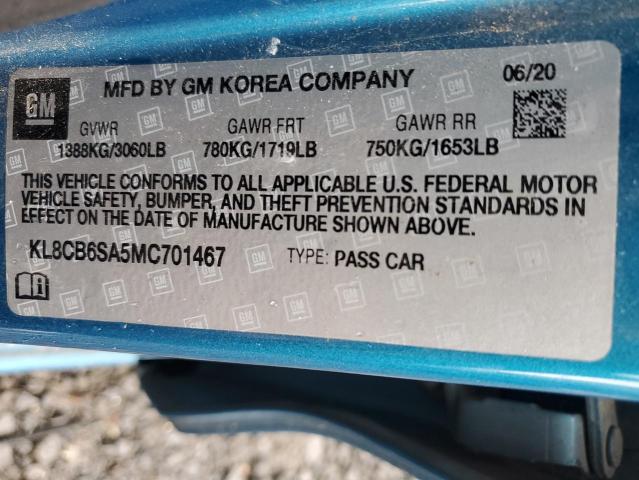 KL8CB6SA5MC701467 - 2021 CHEVROLET SPARK LS BLUE photo 12