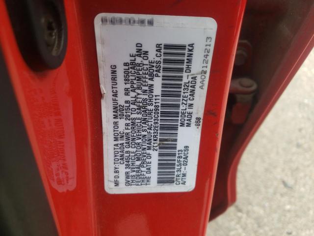 2T1KR32E93C098111 - 2003 TOYOTA COROLLA MA XR RED photo 12