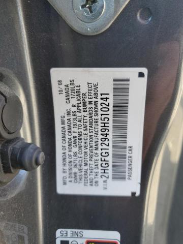 2HGFG12949H510241 - 2009 HONDA CIVIC EXL ნაცრისფერი ფოტო 13