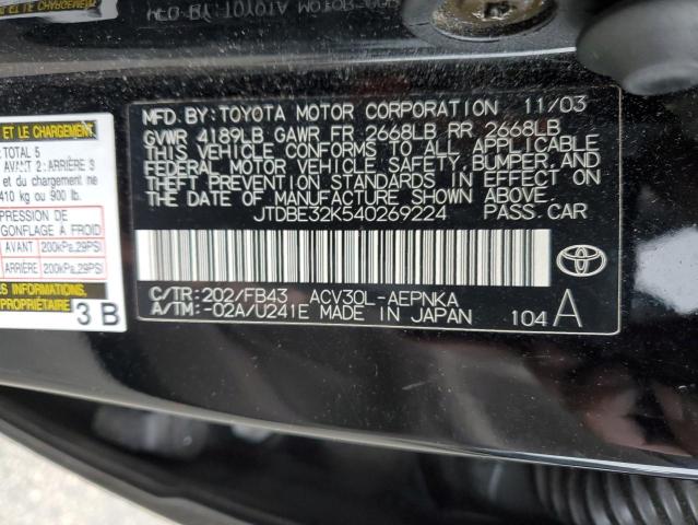 JTDBE32K540269224 - 2004 TOYOTA CAMRY LE BLACK photo 12