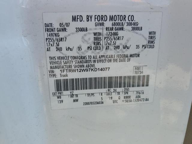 1FTRW12W97KD14077 - 2007 FORD F150 SUPERCREW WHITE photo 12