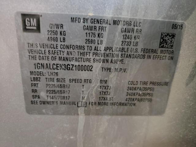 1GNALCEK3GZ100002 - 2016 CHEVROLET EQUINOX LT GRAY photo 12