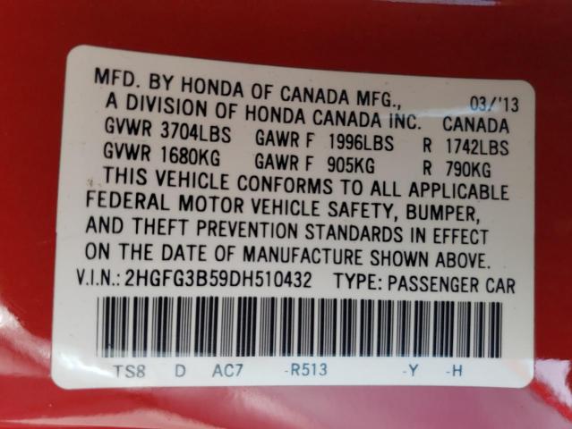 2HGFG3B59DH510432 - 2013 HONDA CIVIC LX RED photo 12