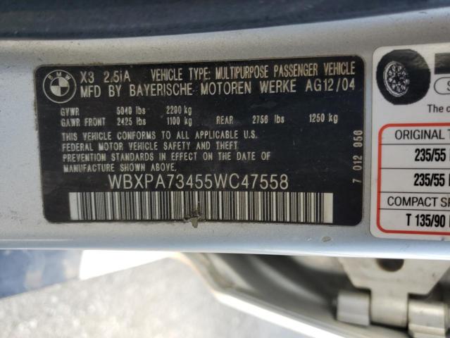 WBXPA73455WC47558 - 2005 BMW X3 2.5I SILVER photo 13