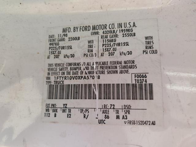 1FTYR10V0XPA57018 - 1999 FORD RANGER WHITE photo 13