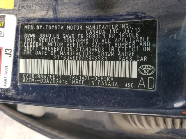 2T1BU4EE8CC842281 - 2012 TOYOTA COROLLA BASE BLUE photo 13