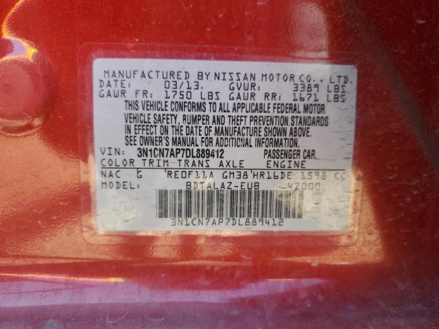 3N1CN7AP7DL889412 - 2013 NISSAN VERSA S RED photo 12