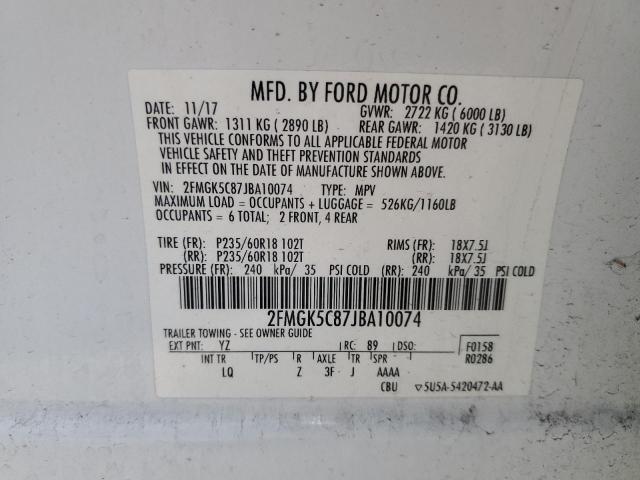 2FMGK5C87JBA10074 - 2018 FORD FLEX SEL WHITE photo 13