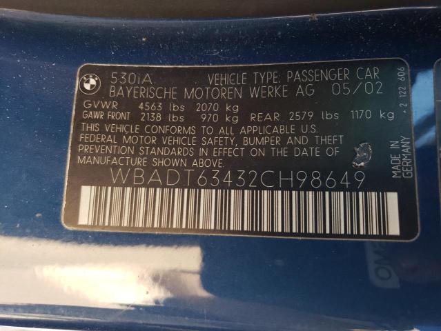 WBADT63432CH98649 - 2002 BMW 530 I AUTOMATIC BLUE photo 12