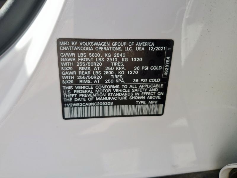 1V2WE2CA8NC209308 - 2022 VOLKSWAGEN ATLAS CROS SE WHITE photo 12