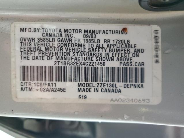 2T1BR32EX4C221450 - 2004 TOYOTA COROLLA CE SILVER photo 12