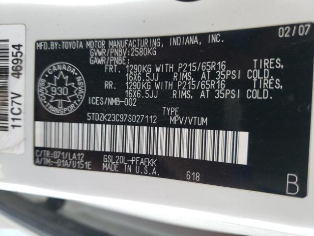 5TDZK23C97S027112 - 2007 TOYOTA SIENNA CE WHITE photo 13