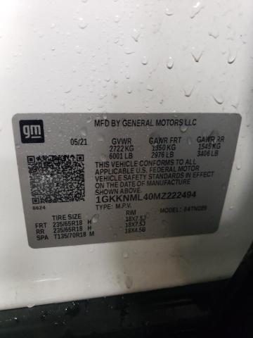 1GKKNML40MZ222494 - 2021 GMC ACADIA SLT WHITE photo 12