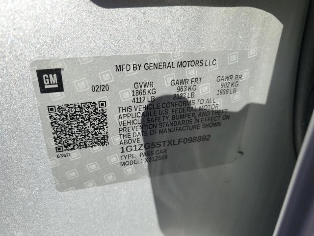 1G1ZG5STXLF098892 - 2020 CHEVROLET MALIBU RS ვერცხლისფერი ფოტო 12