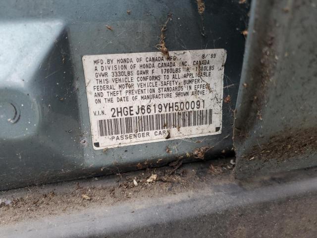 2HGEJ6619YH500091 - 2000 HONDA CIVIC BASE TURQUOISE photo 12