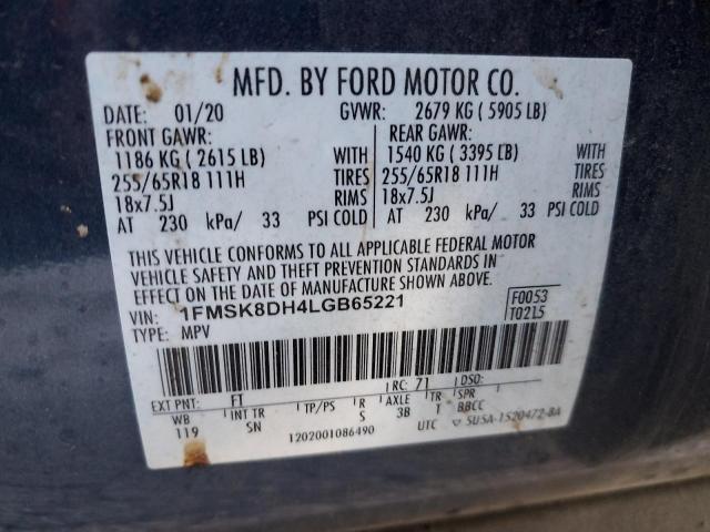 1FMSK8DH4LGB65221 - 2020 FORD EXPLORER XLT BLUE photo 12