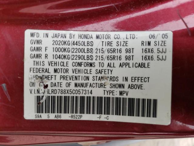 JHLRD788X5C057314 - 2005 HONDA CR-V EX RED photo 12