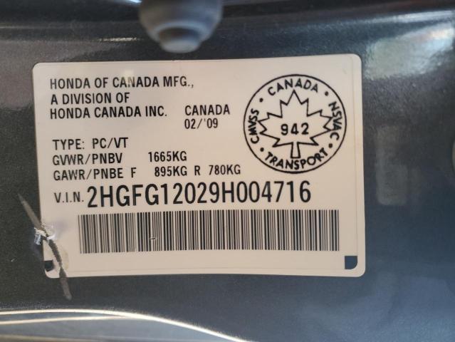 2HGFG12029H004716 - 2009 HONDA CIVIC EXL GRAY photo 13