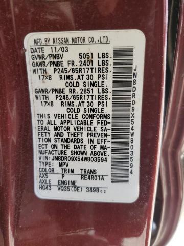 JN8DR09X54W803594 - 2004 NISSAN PATHFINDER LE ბურგუნდია ფოტო 14