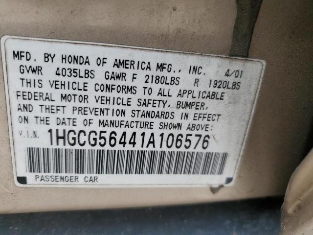 1HGCG56441A106576 - 2001 HONDA ACCORD LX BEIGE photo 12