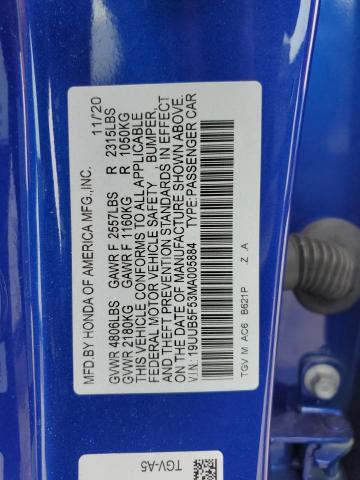19UUB5F53MA005884 - 2021 ACURA TLX TECH A BLUE photo 12