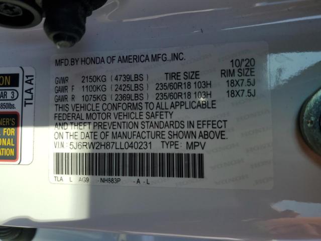 5J6RW2H87LL040231 - 2020 HONDA CR-V EXL WHITE photo 13