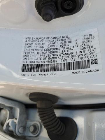 2HGFC2F86LH569589 - 2020 HONDA CIVIC SPORT WHITE photo 12