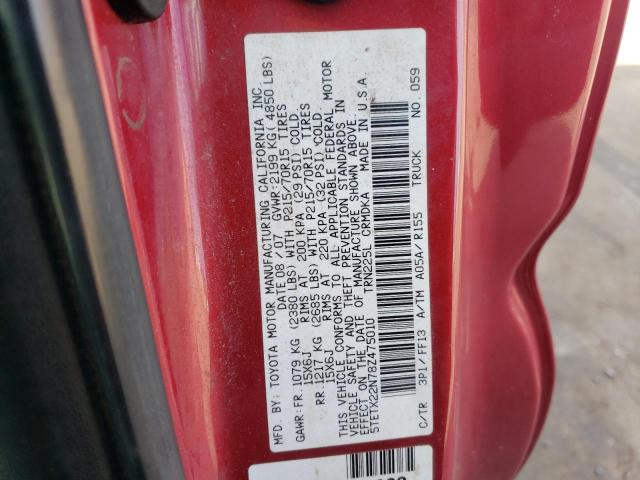 5TETX22N78Z475010 - 2008 TOYOTA TACOMA ACCESS CAB წითელი ფოტო 12
