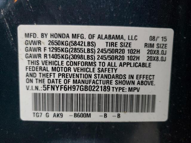 5FNYF6H97GB022189 - 2016 HONDA PILOT TOURING BLUE photo 13