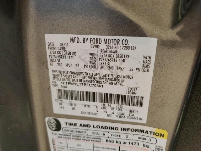 1FTFW1ET7BFC70361 - 2011 FORD F150 SUPERCREW GRAY photo 12