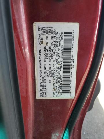 5TBBT44112S223974 - 2002 TOYOTA TUNDRA ACCESS CAB RED photo 12