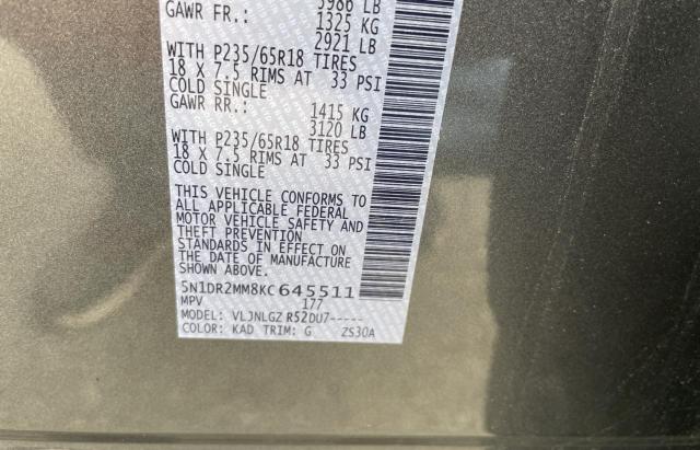 5N1DR2MM8KC645511 - 2019 NISSAN PATHFINDER S Boz foto 10