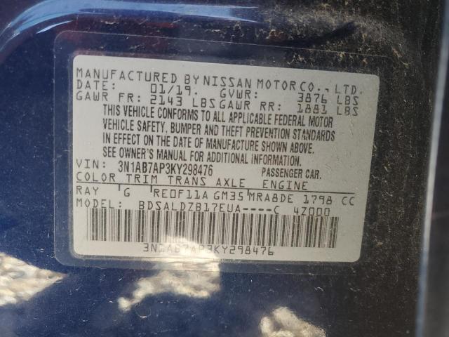 3N1AB7AP3KY298476 - 2019 NISSAN SENTRA S 蓝色 照片 12