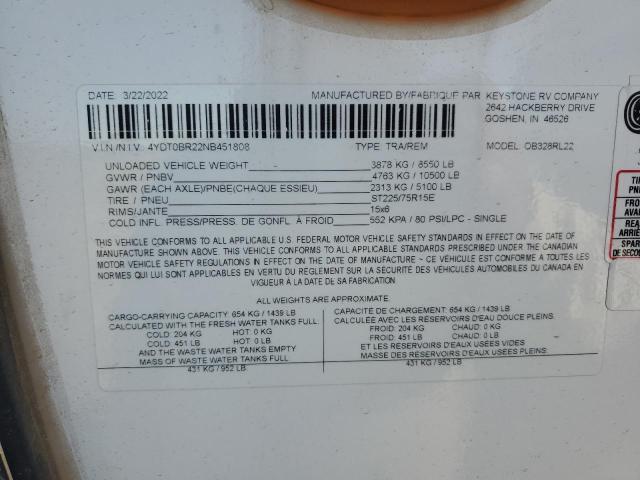 4YDT0BR22NB451808 - 2022 KEYSTONE OUTBACK WHITE photo 10