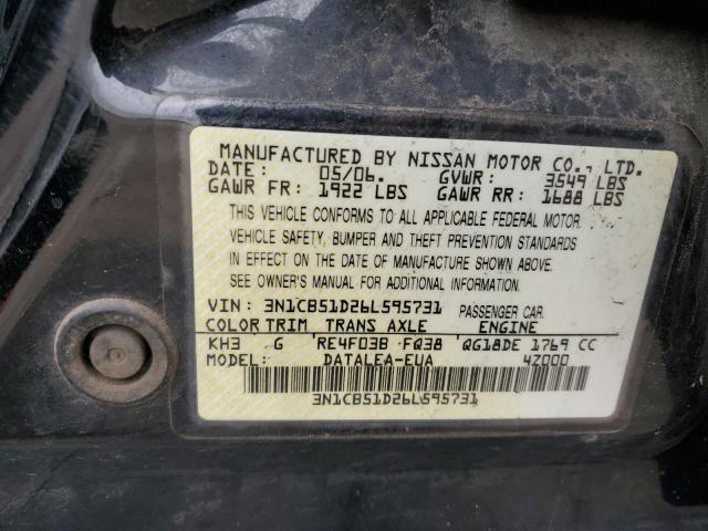 3N1CB51D26L595731 - 2006 NISSAN SENTRA 1.8 BLACK photo 12