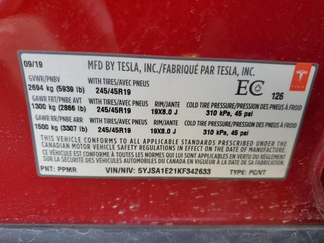 5YJSA1E21KF342633 - 2019 TESLA MODEL S RED photo 12