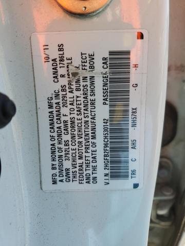 2HGFB2F96CH530142 - 2012 HONDA CIVIC EXL WHITE photo 12
