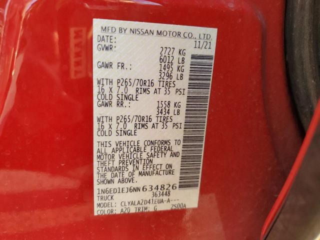 1N6ED1EJ6NN634826 - 2022 NISSAN FRONTIER S RED photo 12