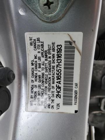 2HGFA16557H316193 - 2007 HONDA CIVIC LX SILVER photo 12