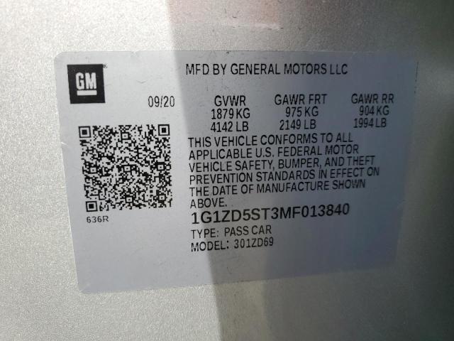 1G1ZD5ST3MF013840 - 2021 CHEVROLET MALIBU LT SILVER photo 13