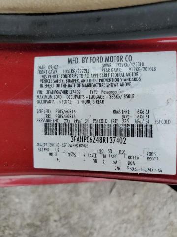 3FAHP06Z48R137402 - 2008 FORD FUSION S RED photo 12