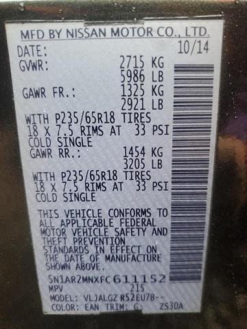 5N1AR2MNXFC611152 - 2015 NISSAN PATHFINDER S 绿色 照片 13